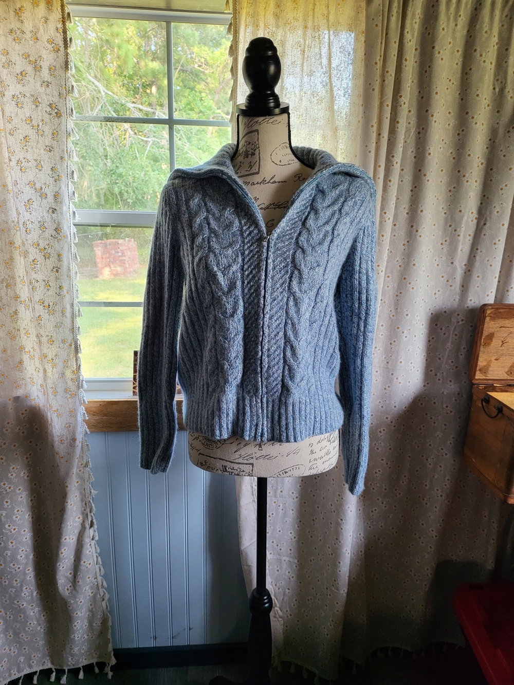 Tommy Hilfiger Blue Cable Knit Full Zip Sweater XL Wool Angora Blend